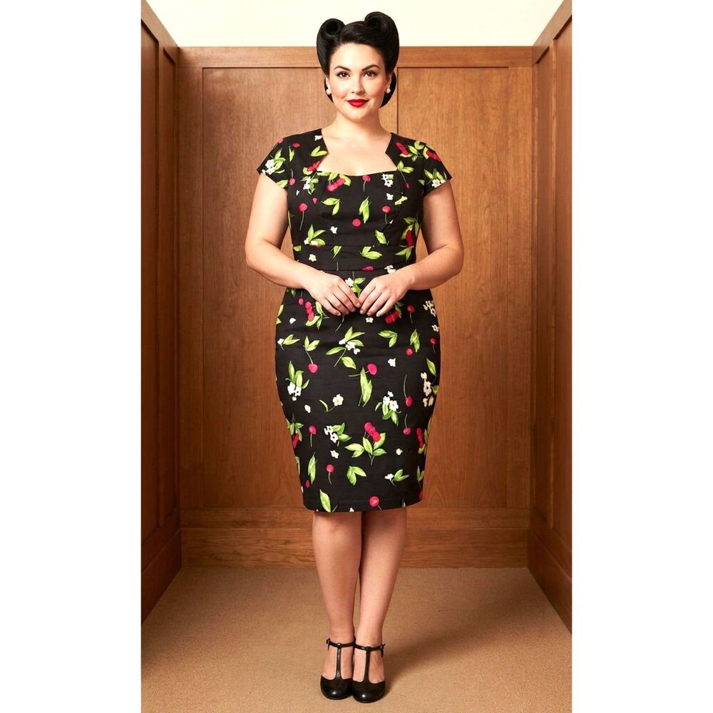 Grace Karin Black, Cherry, & Floral Pencil Dress Cap Sleeve Midi Pinup Size XL